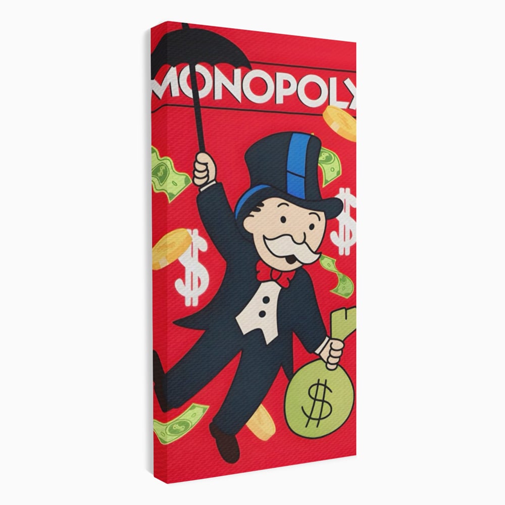 Tablou canvas cu tablou canvas cu domnul monopoly pe fond rosu, fara rama, pe sasiu de lemn